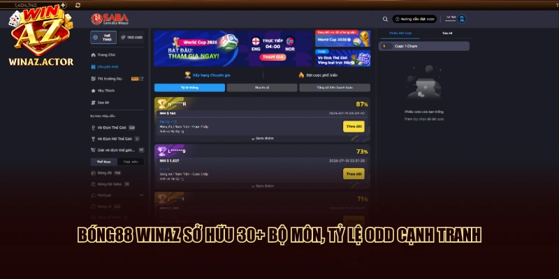 Bóng88 WinAZ sở hữu 30+ bộ môn, tỷ lệ odd cạnh tranh