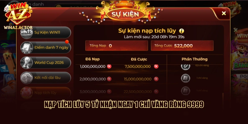Nạp tích lũy 5 tỷ nhận ngay 1 chỉ vàng ròng 9999