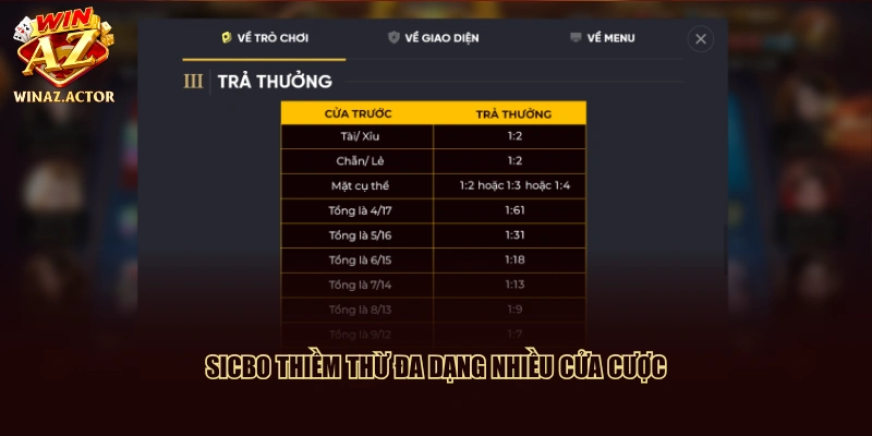 Sicbo thiềm thừ đa dạng nhiều cửa cược