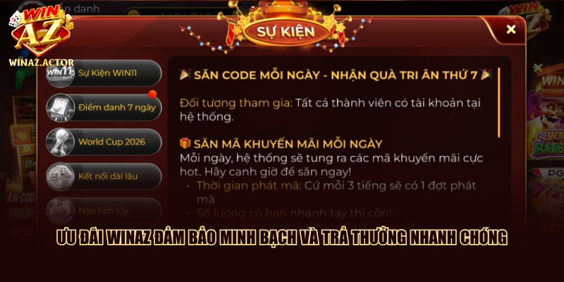 Ưu đãi WinAZ đảm bảo minh bạch và trả thưởng nhanh chóng